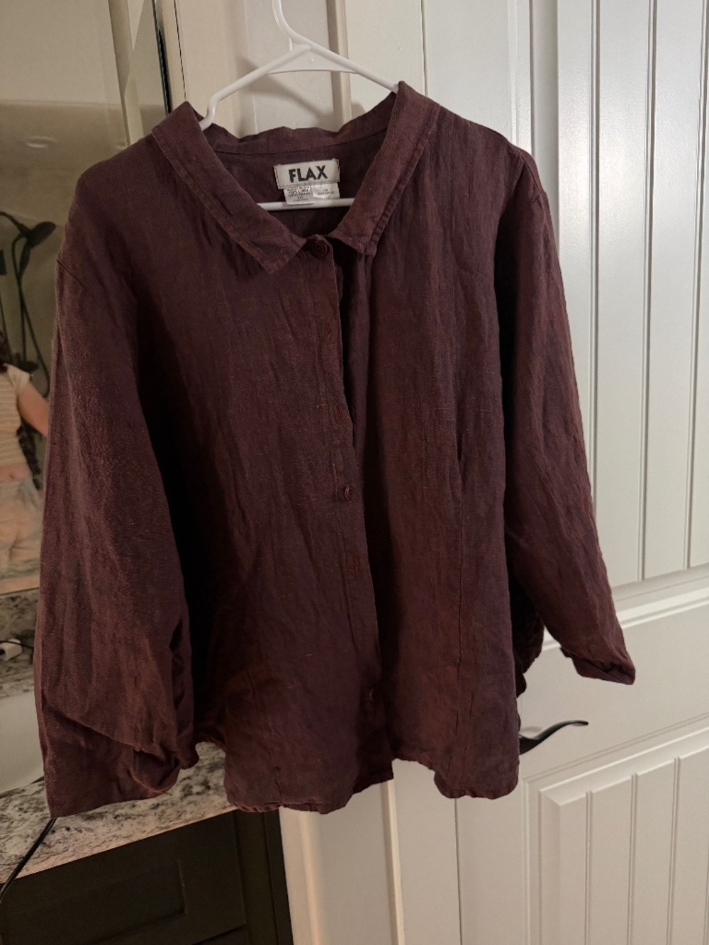 FLAX 100% Linen Button Front Top Size 1G Generous Burgundy Made in Lithuania
